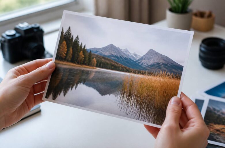 Verse foto-afdruk in handen bij daglicht op een bureau, met zichtbare papierstructuur