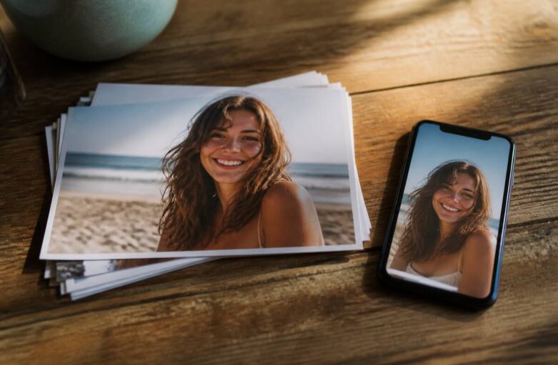 Uitgelichte fotoprint met daglicht op een houten tafel, naast een smartphone (zonder tekst)