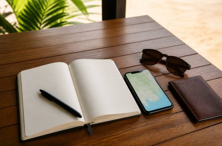 Reisplanning met notitieboek, smartphone en vakantieaccessoires op tafel