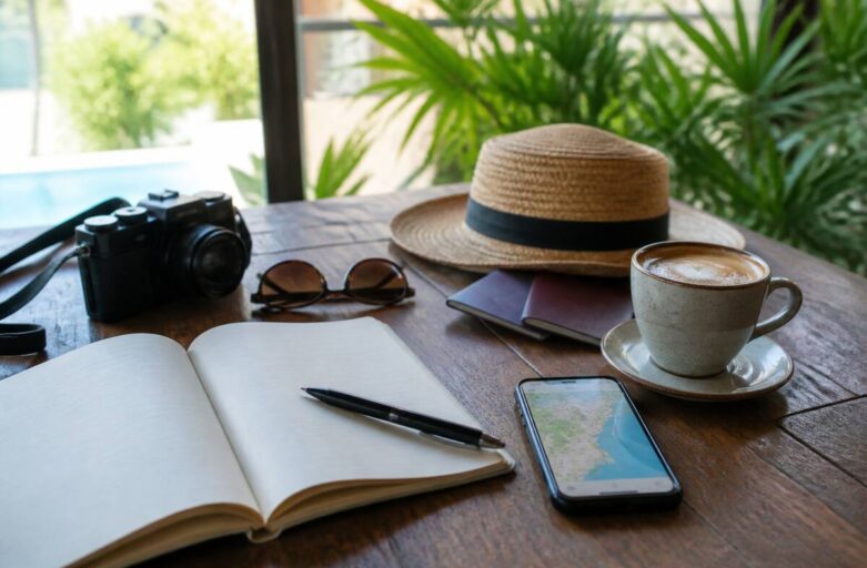 Notitieboek en reisbenodigdheden op tafel tijdens het plannen van een vakantie