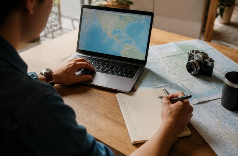 Iemand die reizen en vakanties vergelijkt op een laptop met reischecklist