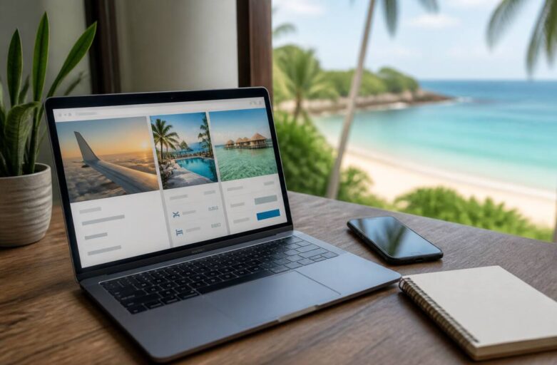 Reizen en vakanties vergelijken op een laptop met reisnotities en reisinspiratie