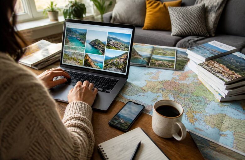 Iemand die vakanties vergelijkt met laptop en notitieboekje bij een kaart in natuurlijk daglicht
