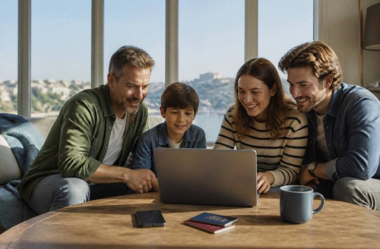 Op laptop vakantieopties vergelijken in huis, met paspoorten en reisnotities op tafel