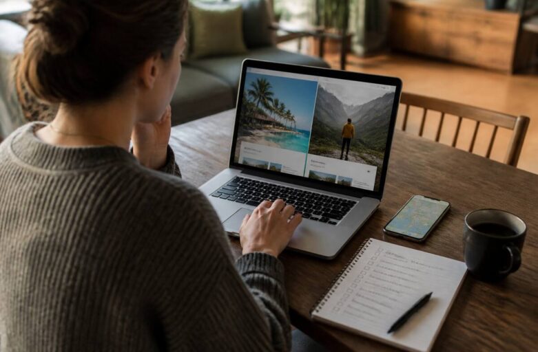 Iemand vergelijkt vakanties op een laptop met een checklist op tafel