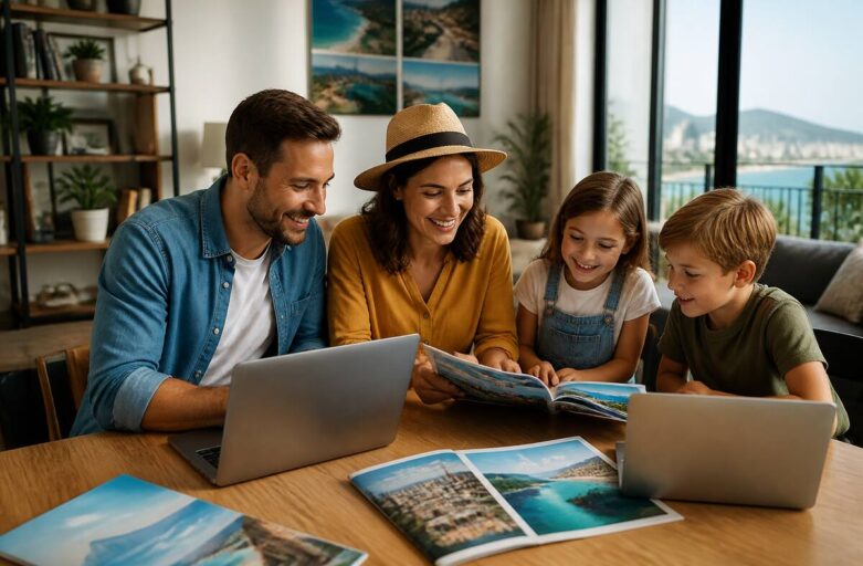 Vakantie plannen met laptop en reisbrochures aan een houten tafel