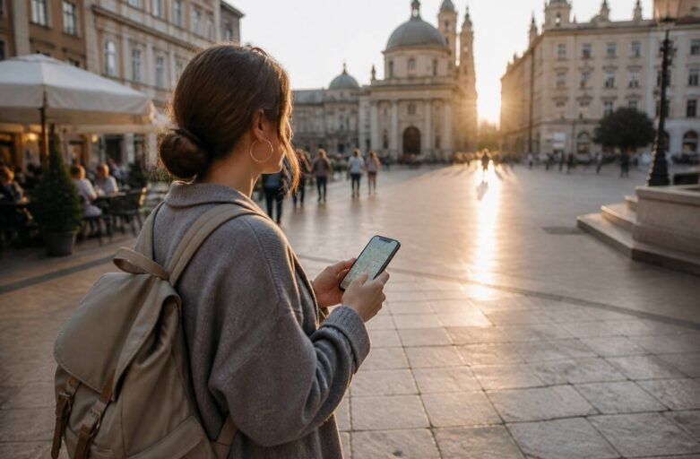 Reiziger met smartphone in een Europese stad tijdens het plannen van een stedentrip