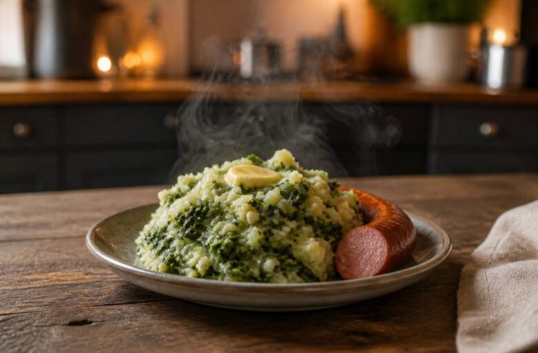 Dampende stamppot op een bord met een rookworst en romige puree