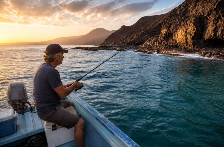 Vissersboot bij de rotsige kust van Lanzarote tijdens gouden uur