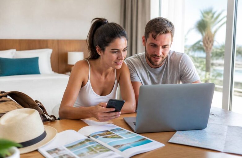 Koppel dat vakanties vergelijkt op laptop en smartphone in een lichte kamer