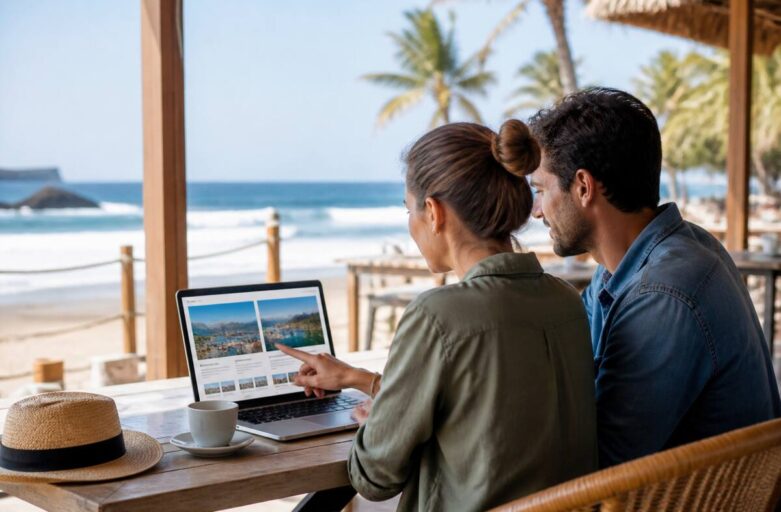 Koppel dat aan een laptop reistips en vakanties vergelijkt bij een strandcafé