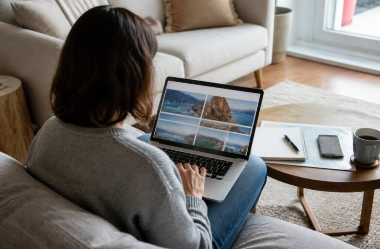 Reiziger die op een laptop vakantieopties vergelijkt met reisnotities naast zich