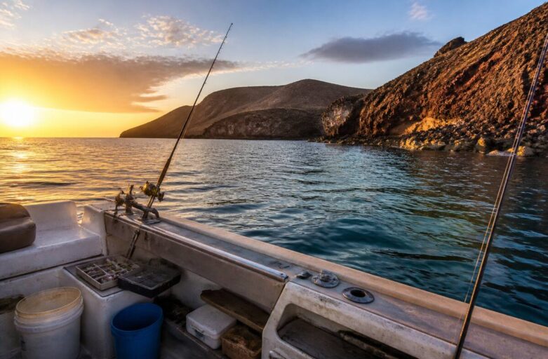 Een realistische boot bij een vulkanische kustlijn op Lanzarote tijdens het vissen
